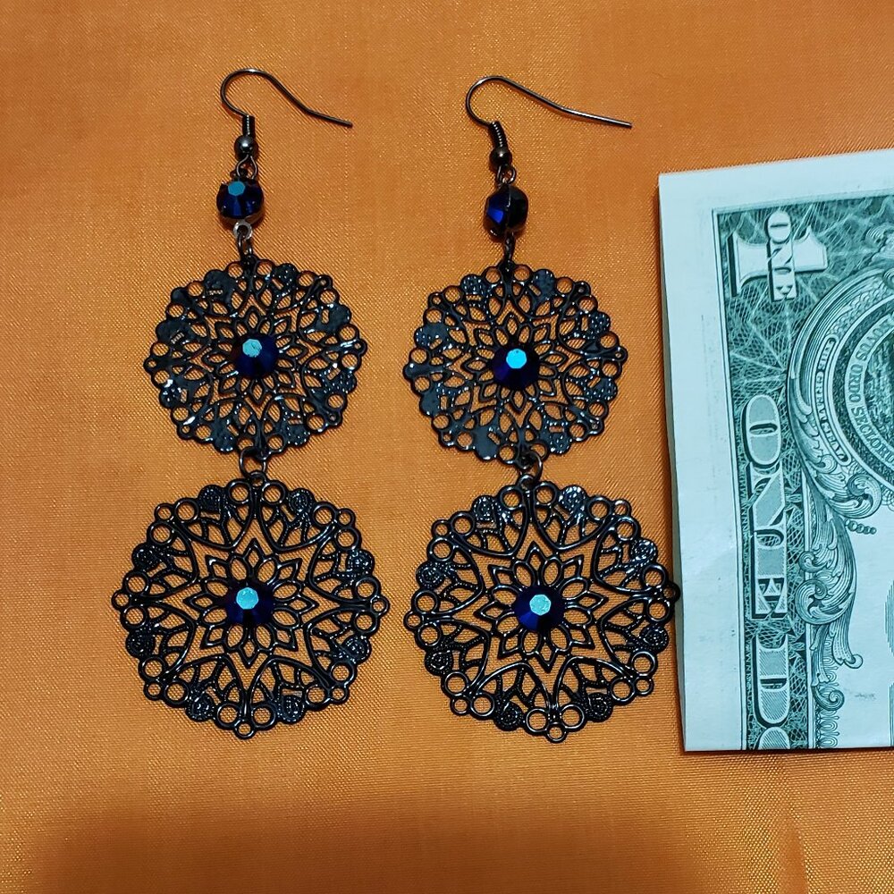 Black Metal Earrings With Multi Colored Stones.